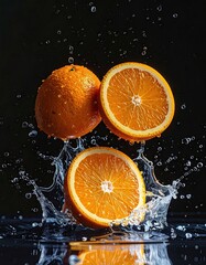 Fresh orange slices in water splash
