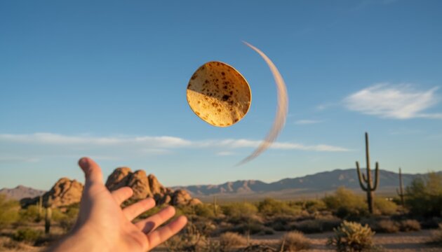 Round toasted tortilla flying through the air with a motion blur trail from a person's hand in a scenic desert landscape with saguaro cacti