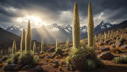 Tall columnar flowering bromeliad plants growing wild on a rocky slope against a backdrop of snow-capped mountains under a dramatic stormy sky with sun rays