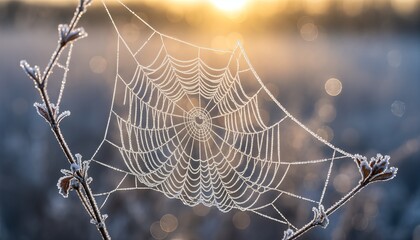 Delicate frozen spiderweb covered in frost and dew drops is stretched between two branches during a beautiful cold sunrise with a soft golden bokeh background