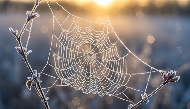 Delicate frozen spiderweb covered in frost and dew drops is stretched between two branches during a beautiful cold sunrise with a soft golden bokeh background - Powered by Adobe
