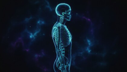 Glowing blue human skeleton and nervous system hologram shown in profile view against a dark, abstract background with nebula-like formations and copy space