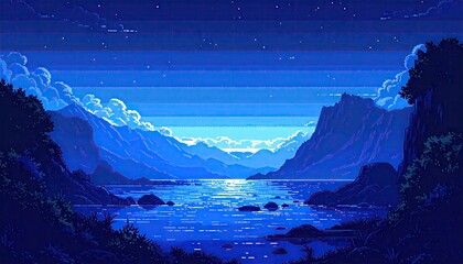 Pixelated night landscape, mountains, lake, and stars