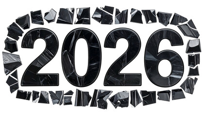 Textured black 2026 digits surrounded by a fragmented border