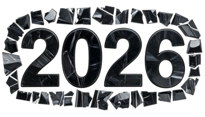 Textured black 2026 digits surrounded by a fragmented border
