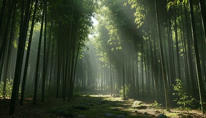 Dense green bamboo forest with tall stalks and a winding path illuminated by beautiful morning sunbeams filtering through the lush canopy creating a tranquil and serene atmosphere