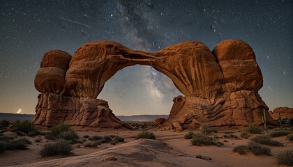 Majestic natural red sandstone arch formation stands tall in a vast desert landscape under a spectacular starry night sky with the Milky Way and a crescent moon