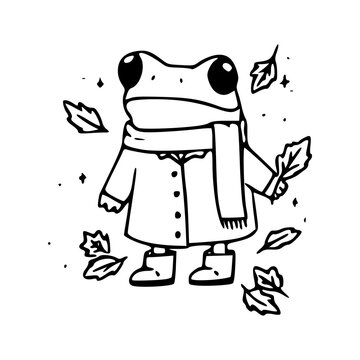 adorable autumn frog holding a fallen leaf line art