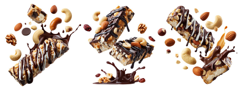 Chocolate coated nut protein energy fitness bar topped with almonds, cashews, walnuts, and chocolate drizzle on white
