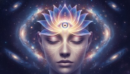 Serene spiritual face with a glowing lotus and third eye chakra representing enlightenment and cosmic consciousness against a beautiful galaxy background