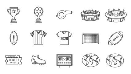 Set of line style sports icons featuring football and sports elements such as trophy, whistle, stadium, jersey, ball, ticket, scoreboard, goal, and world map. © AMSA OZA
