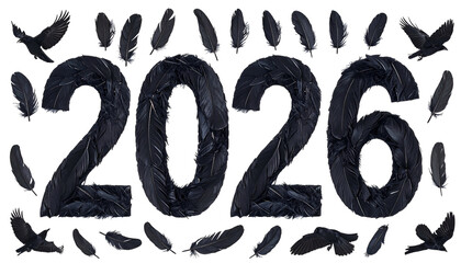 2026" text made of black feathers with scattered accents on black