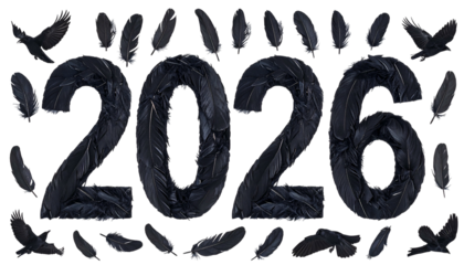 2026" text made of black feathers with scattered accents on black