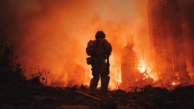 Soldier navigating a war torn city engulfed in flames and smoke, urban warfare bringing destruction, apocalypse, and conflict to architecture and landscape during a battlefield operation