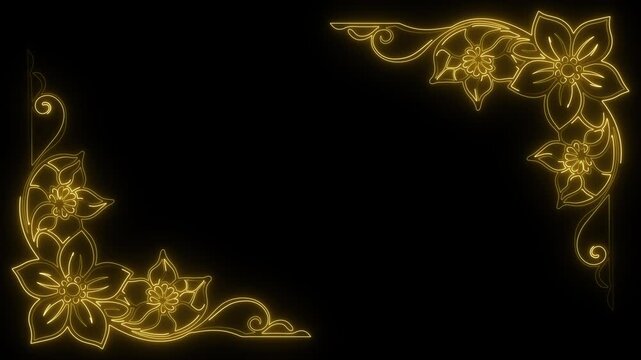Golden floral glow. Luxury motion frame. Ornate line anim. Wedding video decor. Royal gold blossom. Botanical overlay. Dark aesthetic art. Premium swirl trim. Glowing flower set. Gold filigree move.
