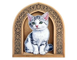 Adorable kitten with grey and white fur sits in a decorative wooden arch