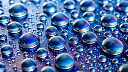 Close-up of colorful water droplets on a dark surface, abstract macro