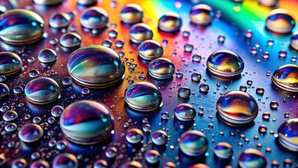 Abstract macro of colorful water droplets on a dark surface, rainbow effect