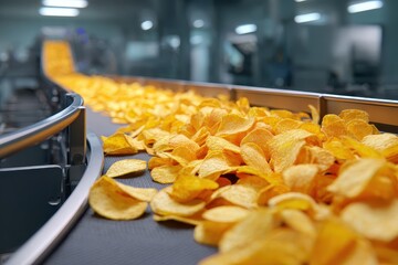 Production and packaging line transporting fresh potato chips at a manufacturing facility during daytime operations
