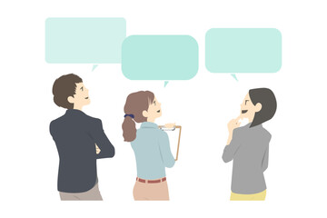 ディスカッションする職場の同僚、上司と部下の後ろからのイラストと（主線なし・吹き出し）