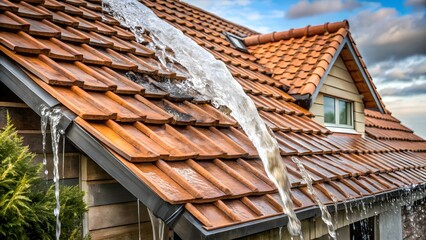 Water flowing from a tiled roof gutter, showing potential water damage