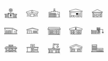 Collection of diverse building icons representing various commercial and industrial structures.