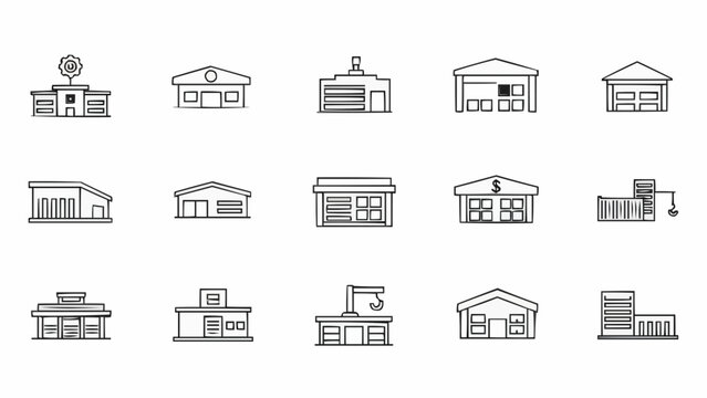 Collection of diverse building icons representing various commercial and industrial structures.