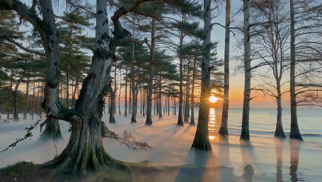 Atmospheric 4K sunrise footage of the mirrored coastal forest known as Gespensterwald Nienhagen along the German Baltic Sea coast with reflections mist creating mystical 