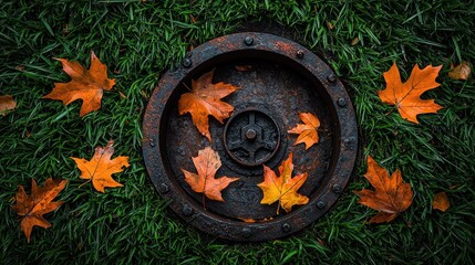 Rusty metal hatch cover in grass, scattered orange autumn leaves around it