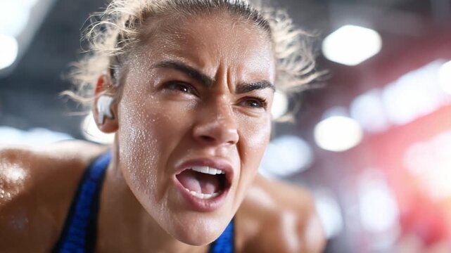 Intense Workout: A determined individual, headphones in place, pushes their physical limits with unwavering focus, sweat glistening on their face as they strive towards their fitness goals.