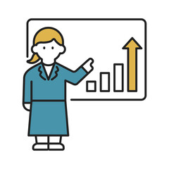 グラフを指差してプレゼンテーションをするビジネスウーマン（線幅変更可能・カラー）