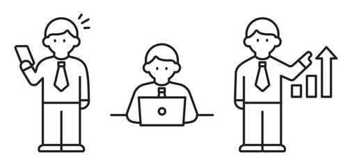 仕事をする男性のビジネスアイコンセット（線幅変更可能）	