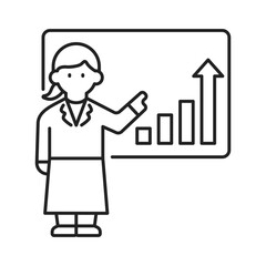グラフを指差してプレゼンテーションをするビジネスウーマン（線幅変更可能）