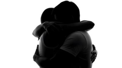 Silhouetted figures in a tender embrace, depicting a loving couple with arms wrapped around each other, fostering connection