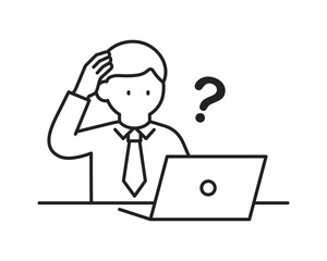 ノートパソコンを操作するビジネスマンー考える・疑問（線幅変更可能）	
