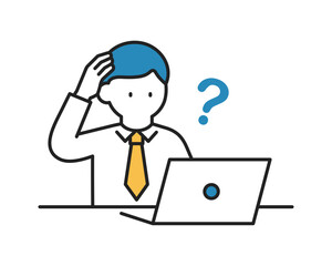 ノートパソコンを操作するビジネスマンー考える・疑問（線幅変更可能・カラー）	
