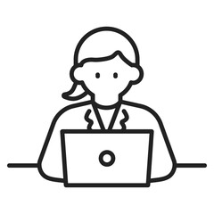 ノートパソコンを操作するビジネスウーマンのイラスト（線幅変更可能）