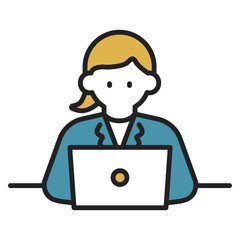 ノートパソコンを操作するビジネスウーマンのイラスト（線幅変更可能・カラー）