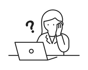 ノートパソコンを操作するスーツを着た女性ー考える・疑問（線幅変更可能）