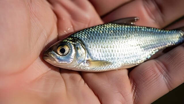 Delicate silver minnow resting gently on human hand close up view