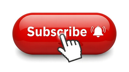Red subscribe button with a cursor pointing to it and a notification bell icon, symbolizing online engagement and channel subscriptions