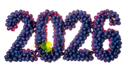 2026" made of grapes, with a green leaf; on black background