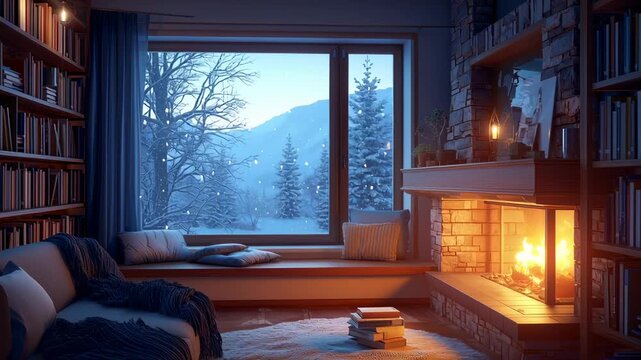 Cozy cabin interior with a warm fireplace and large window overlooking a snowy mountain landscape, creating a peaceful scene of hygge comfort and winter relaxation