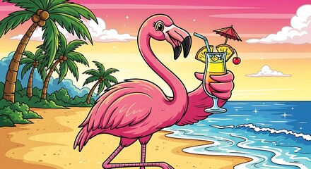 Pink flamingo on tropical beach vacation.