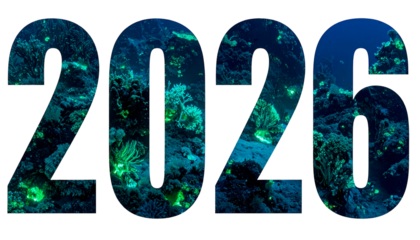 2026" text filled with underwater coral reef imagery against black