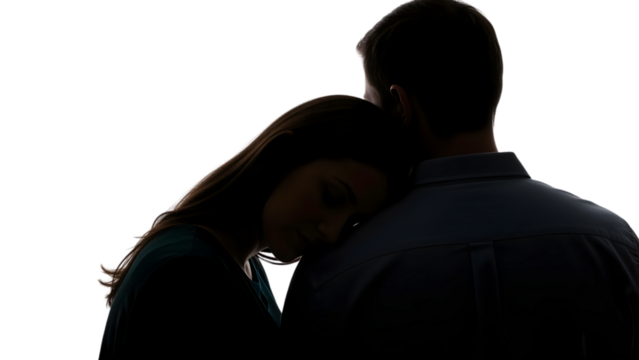 Silhouetted tender embrace of a couple, woman leaning on man's shoulder. Emotion depicted; support. Dark backdrop - Powered by Adobe