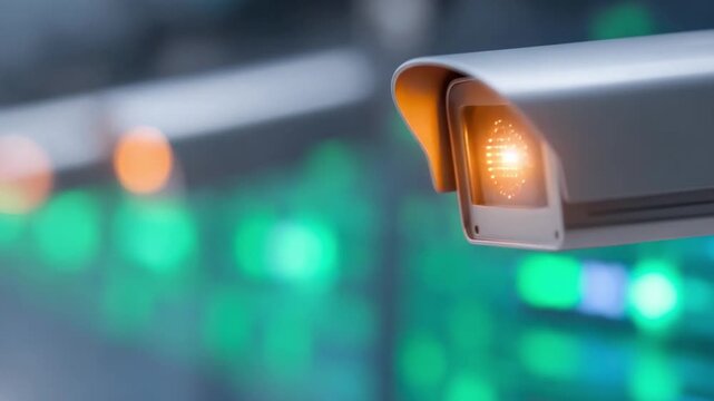 Surveillance camera: A close-up view of a surveillance camera, symbolizing modern security, installed in a data center environment with a blurred background of server racks and vibrant lights.
