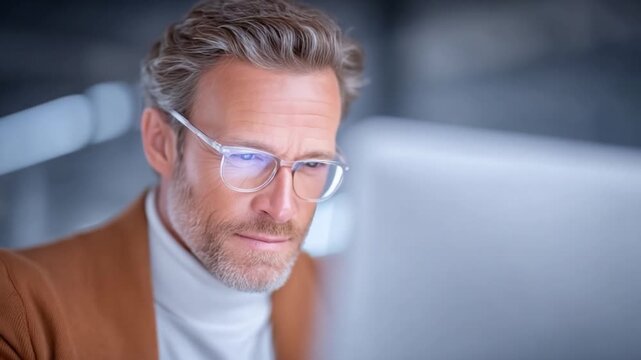 Focused Professional: A close-up shot of a focused individual engrossed in his work. He is deeply concentrated on a computer screen, signifying dedication and expertise in a professional environment.