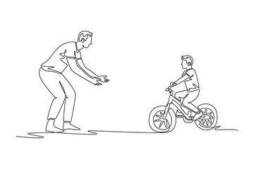 Obraz premium Single one line drawing happy man father cheering for a boy son child riding bicycle alone. Parent and kid during successful bike riding lesson. Continuous line draw design graphic vector illustration