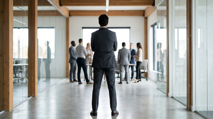 confident male business leader in grey suit standing with back to camera watching professional team meeting in modern open plan glass office for leadership and corporate vision